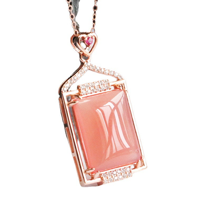 Zircon Hollow Rose Gold Necklace with Natural Rectangle Agate Pandant