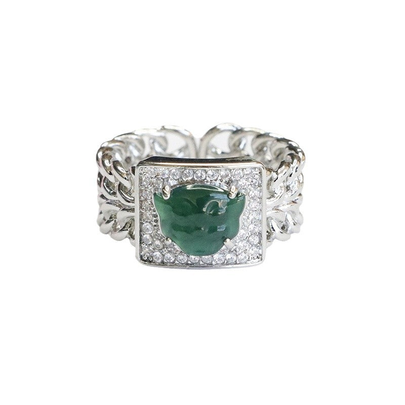 Blue-Water Jadeite Tiger Head Ring