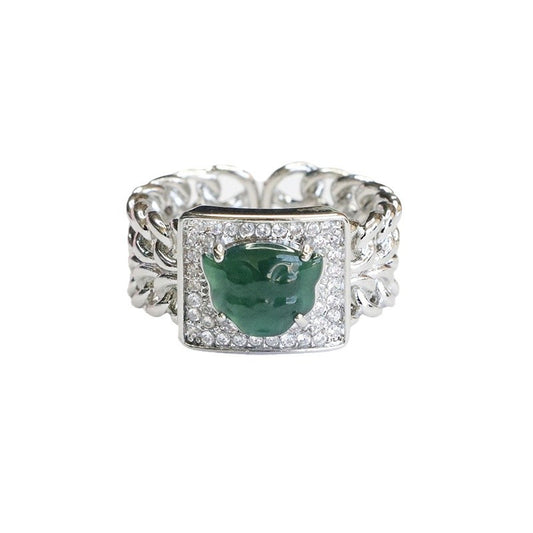 Blue-Water Jadeite Tiger Head Ring