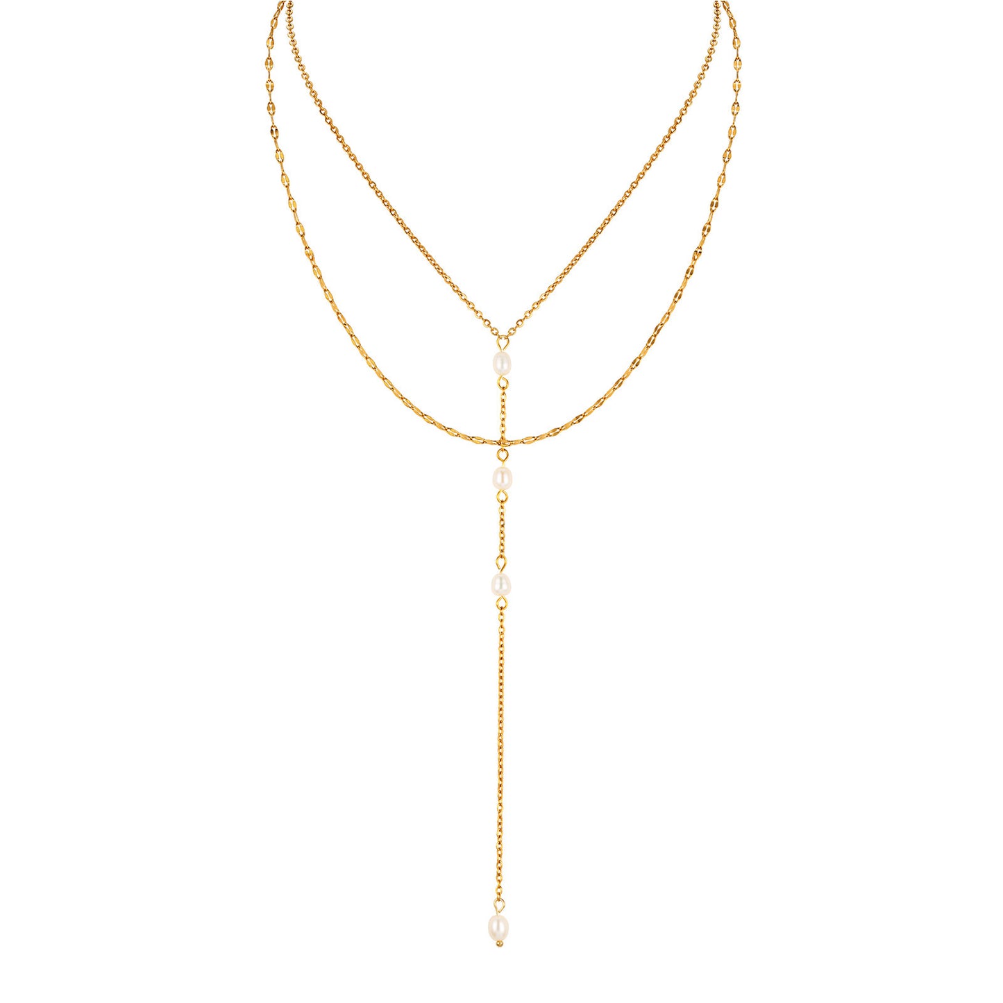 Stainless Steel Double Layer Imitation Pearl Y-Shaped Tassel Gold Necklace