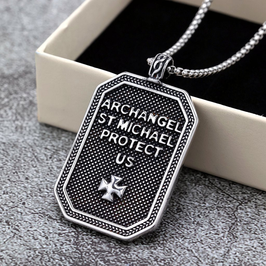 Vintage St. Michael Angel Stainless Steel Men's Pendant Necklace