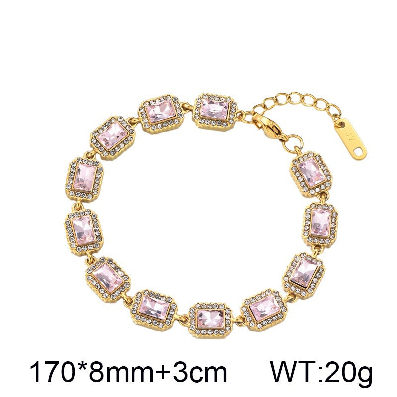 Color Surrounding Square Zircon Stainless Steel Bracelet Palace Style Adjustable