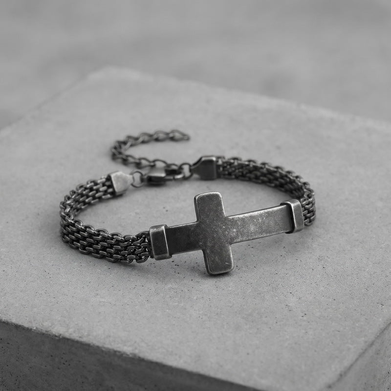 Strap Chain Bracelet – Street Shot Mesh Chain With Extension Chain Cross Curved Bar