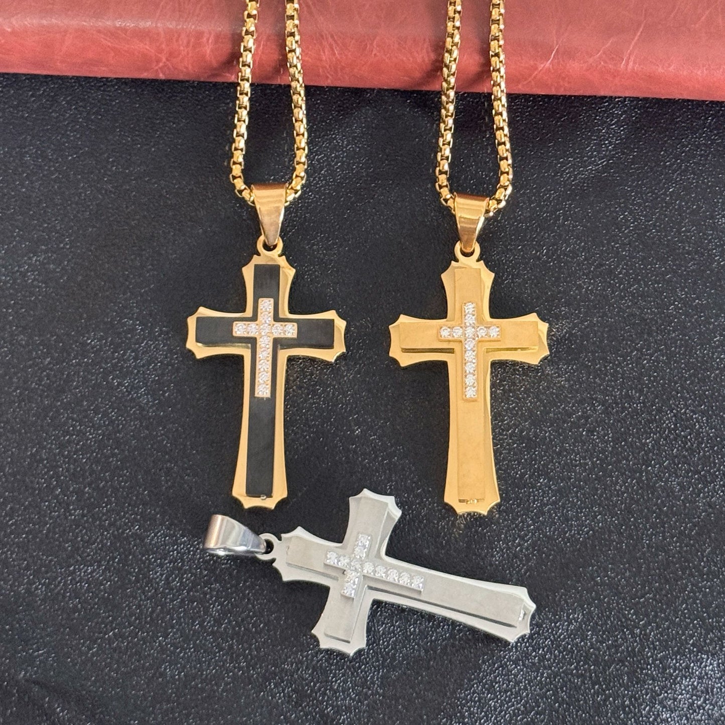 Planderful Titanium Steel Cross Pendant With Zircon Inlay 3D Three Layer Mens Stainless Necklace Punk European Style