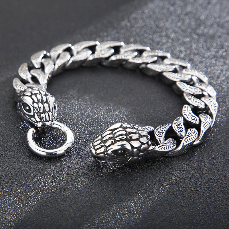 Old Smeared Pattern Snake Head Cuban Chain Bracelet – Punk Style Titanium Steel Men's