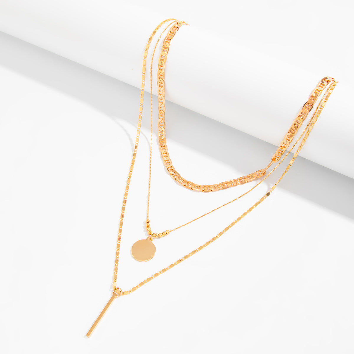Disc & Bar Pendant Layered Chain Necklace