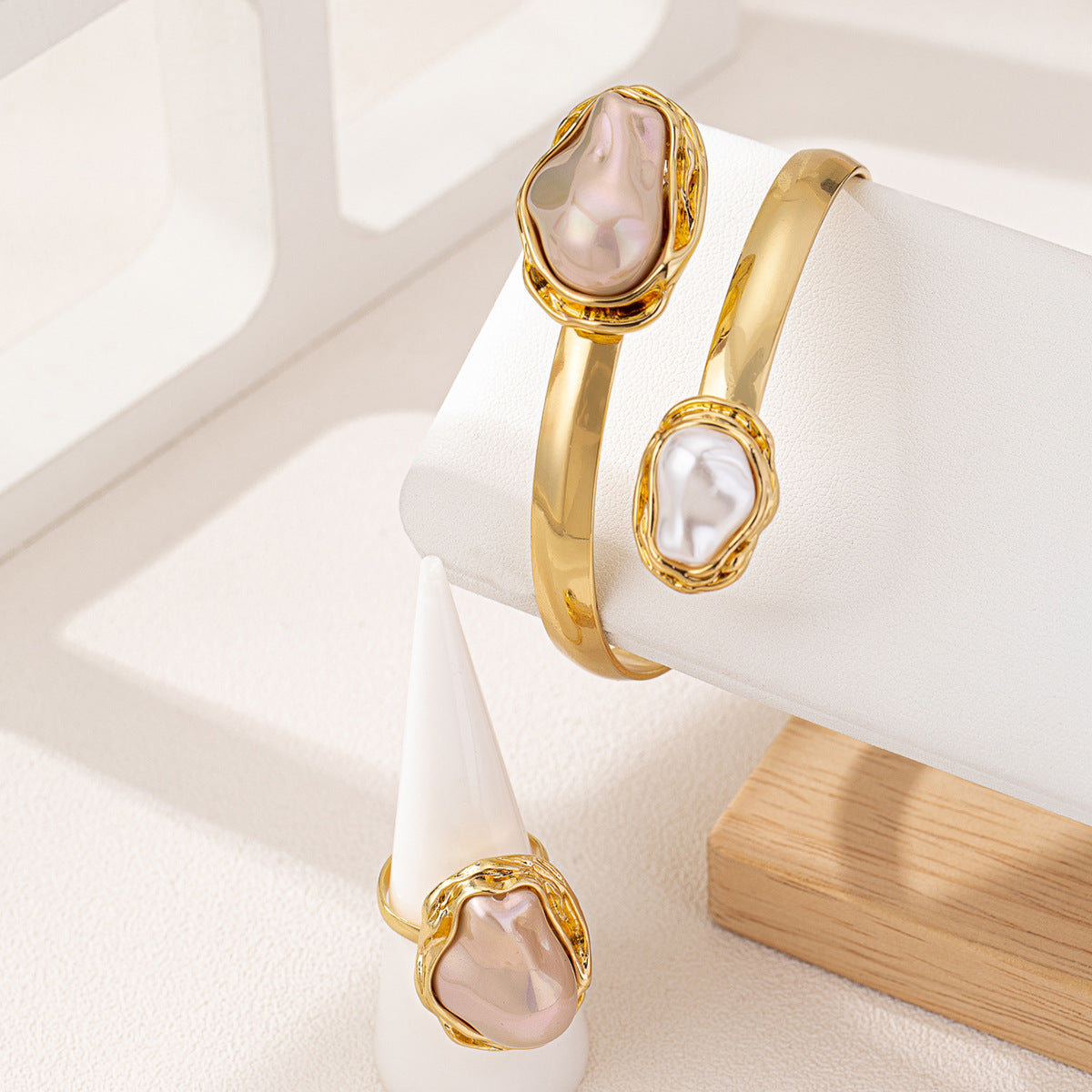 Elegant Pearl Ring and Bracelet Set by Planderful for Women