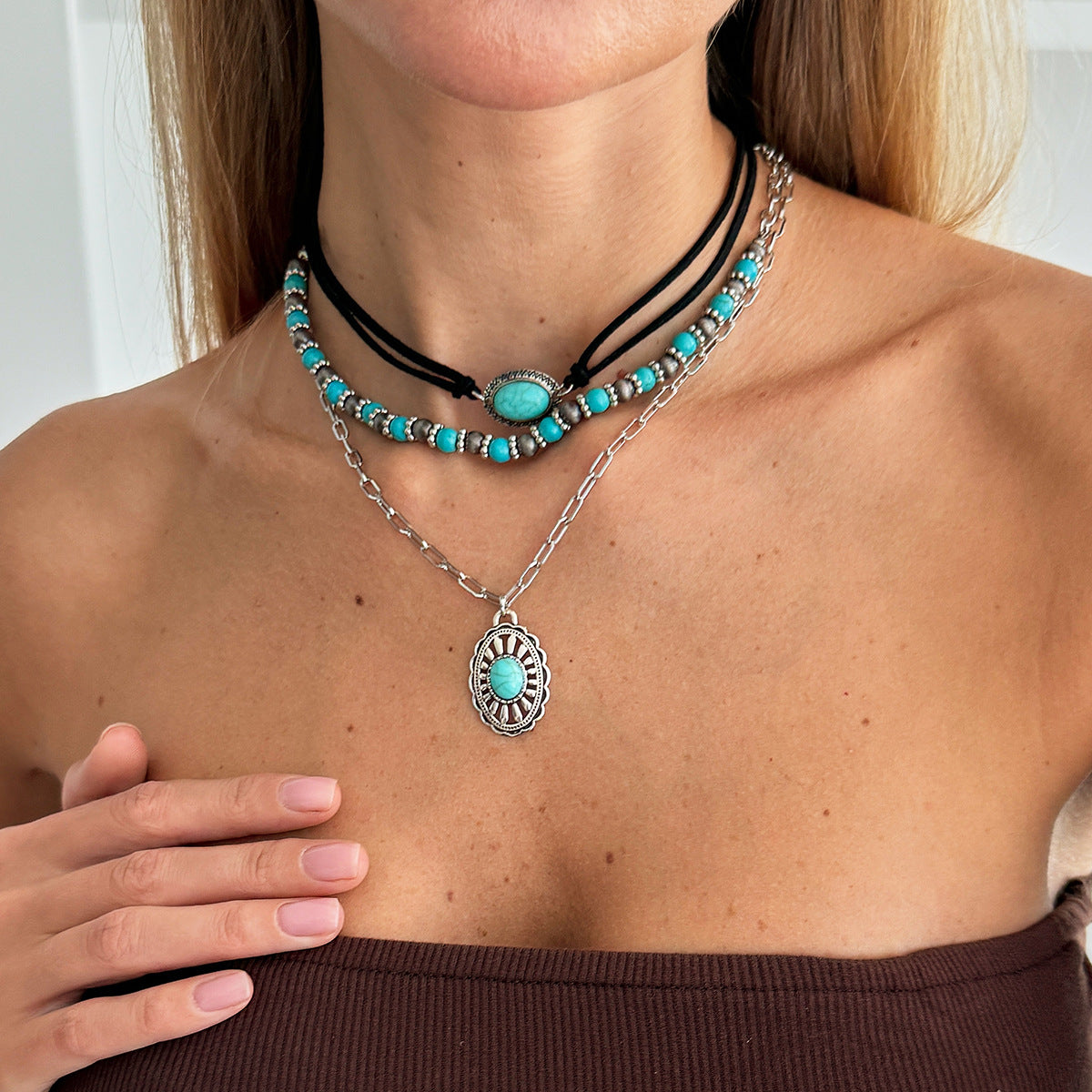 Retro Imitation Turquoise Stacked Western Denim National Cactus Cow Head Pendant Neck Necklace