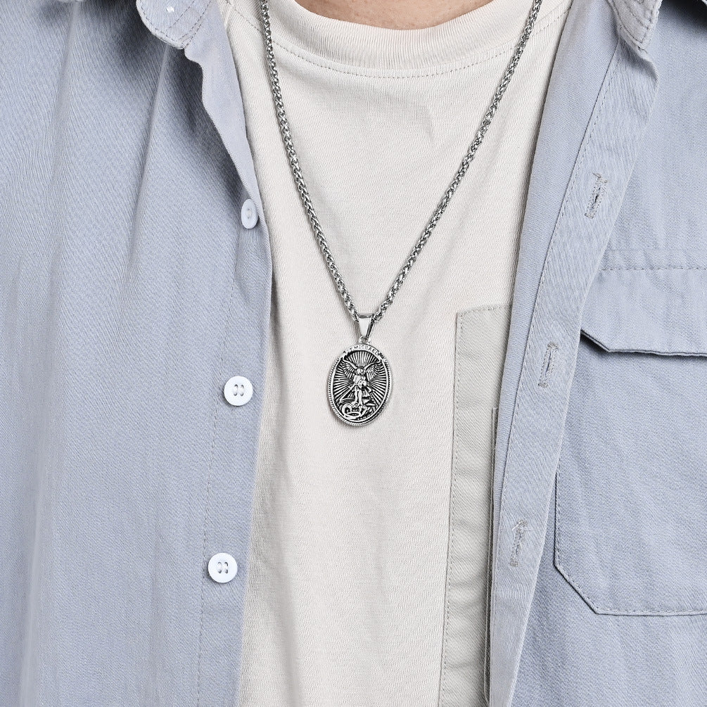 Steel Necklace - Vintage Archangel Oval Pendant For Everyday Wear And Spiritual Symbol Jewelry By Planderful