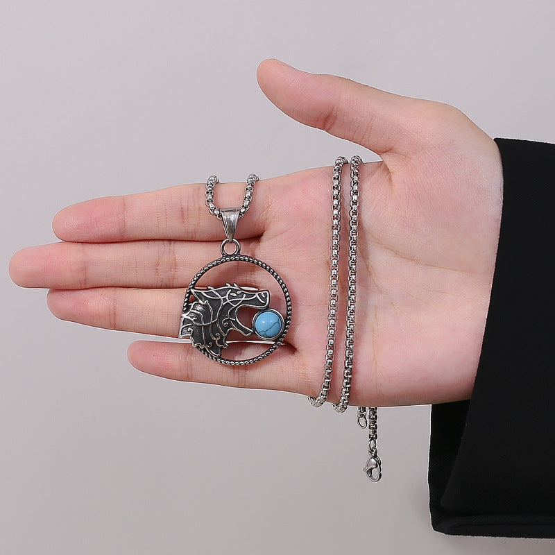Turquoise Necklace - Statement Norse Wolf Moon Pendant