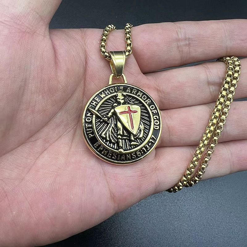Planderful Everyday Genie Templar Pendant Necklace For Medieval Western Style Lovers Gold Plated Steel Epoxy Finish