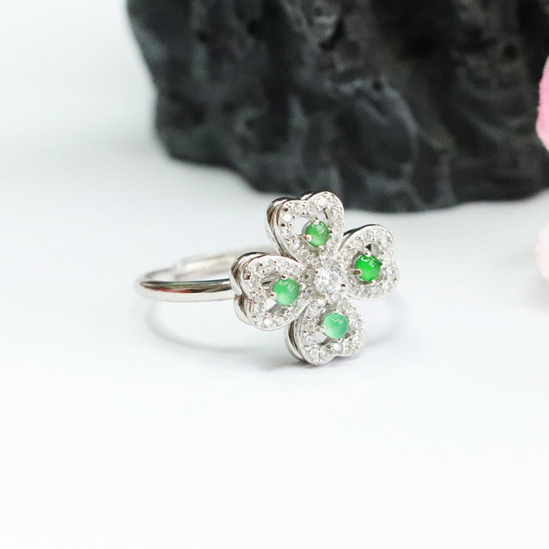Jade Clover Fortune Ring in Sterling Silver
