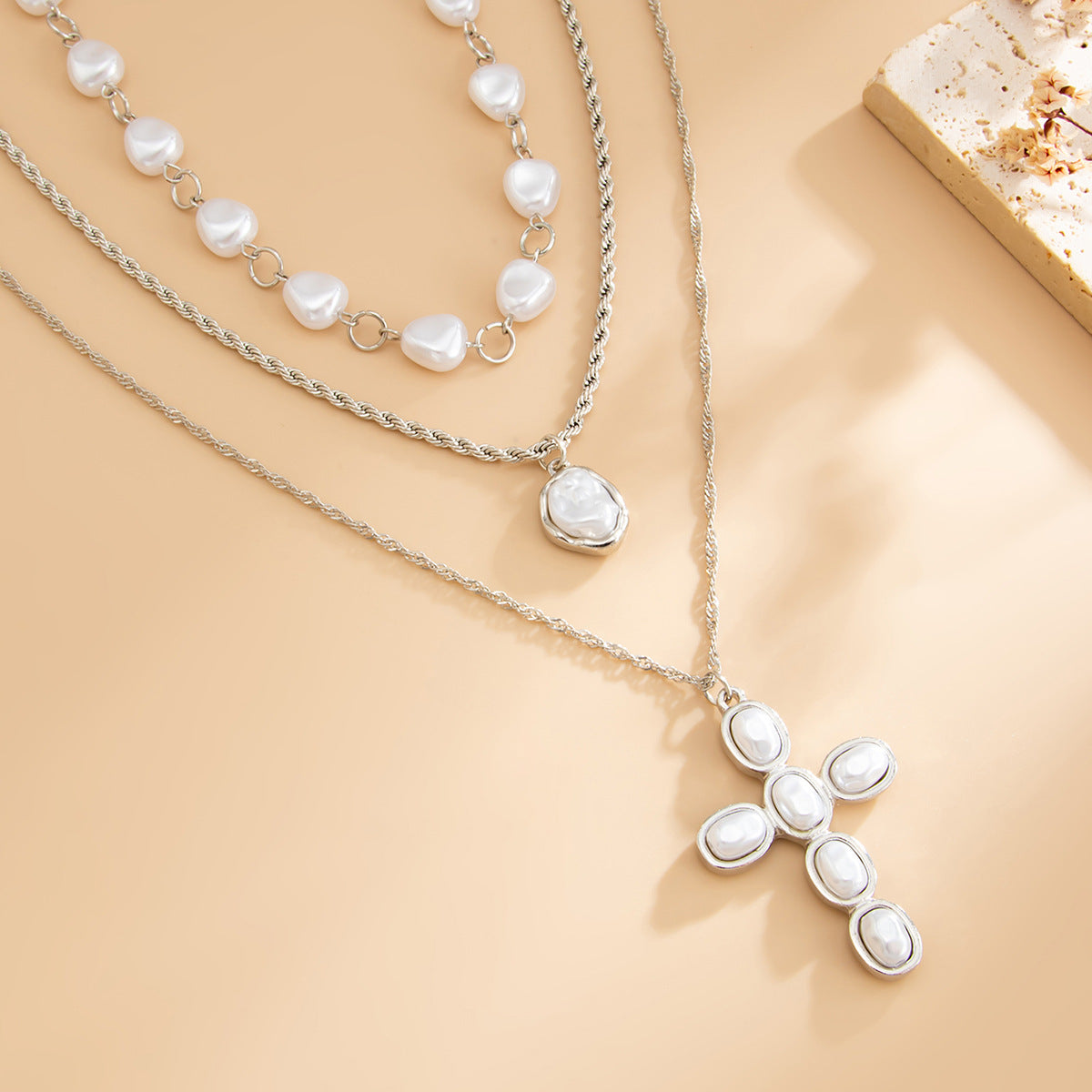 Baroque Pearl Cross Layered Necklace