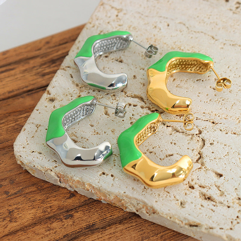 Green Retro C-Shaped Titanium Earrings
