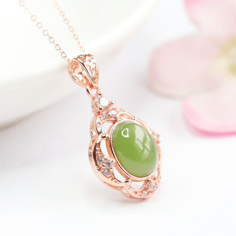Oval Hollow Flower Edge Necklace Crafted with Natural Hotan Jade