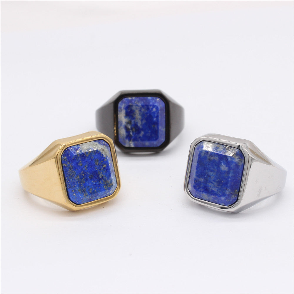 Planderful Titanium Steel Ring With Blue Sandstone Starry Sky Unisex Protection Statement