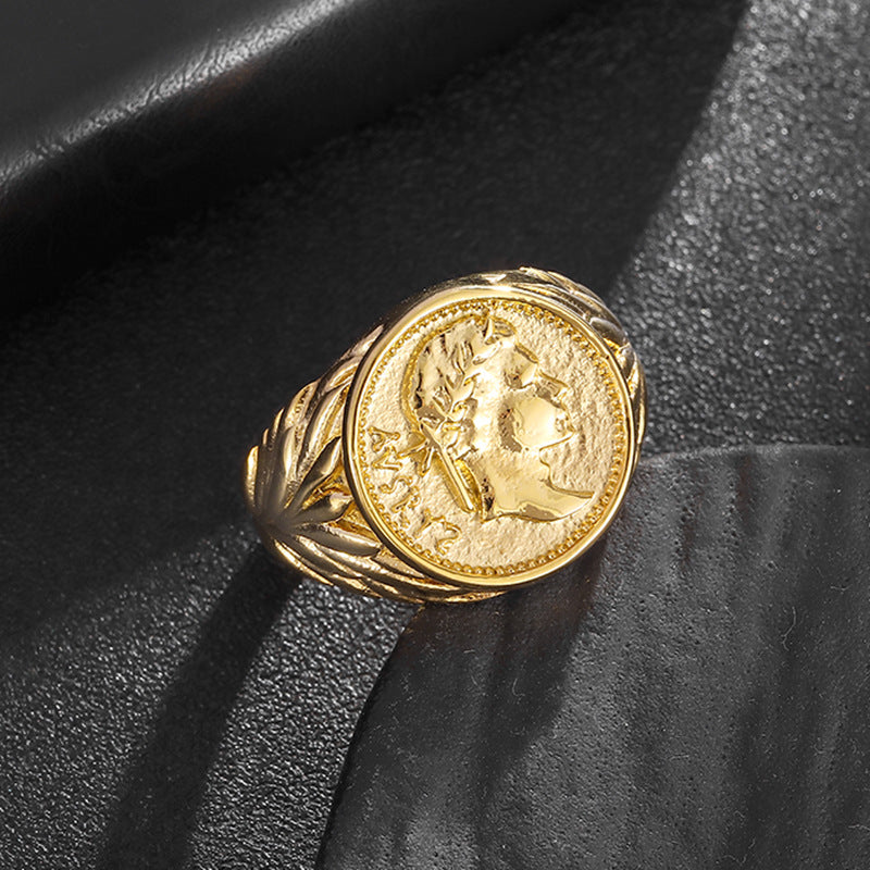 Planderful Caesar Ring Stainless Steel With Retro Gold Coin Casting Roman Empire Portrait Unisex Ring Sizes 7 To 13