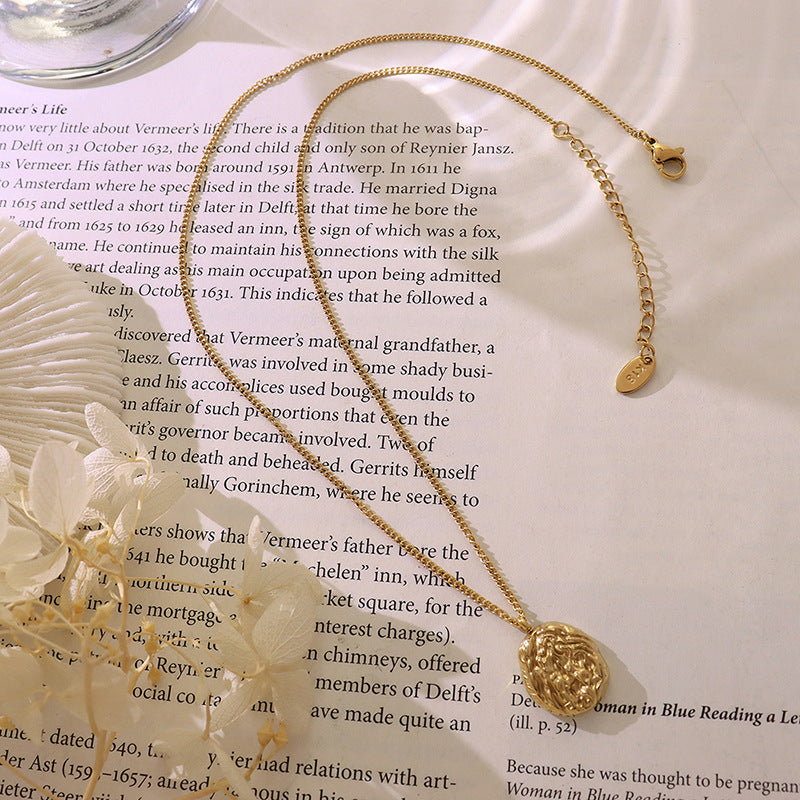 Geometric Irregular Texture Walnut Pendant Necklace in 18K Gold Titanium Steel Plating