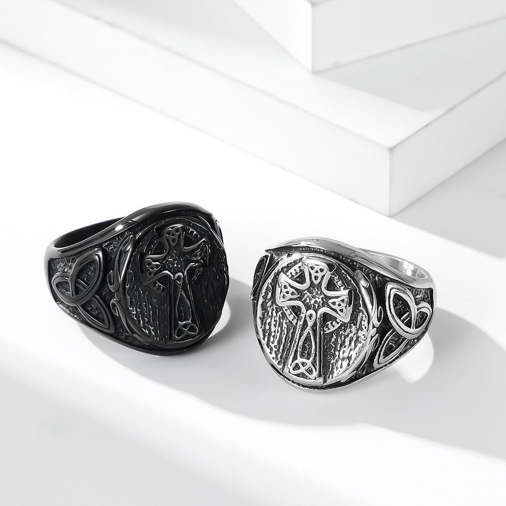 Planderful Mens Ring Nordic Celtic Knot Cross Triangular Knot Titanium Steel Eternal Symbol Retro Jewelry For Men