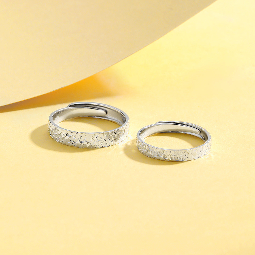 Planderful Everyday Genie – Popular Cherry Blossom Crushed Ice Couple Ring Sterling Silver Light Luxury
