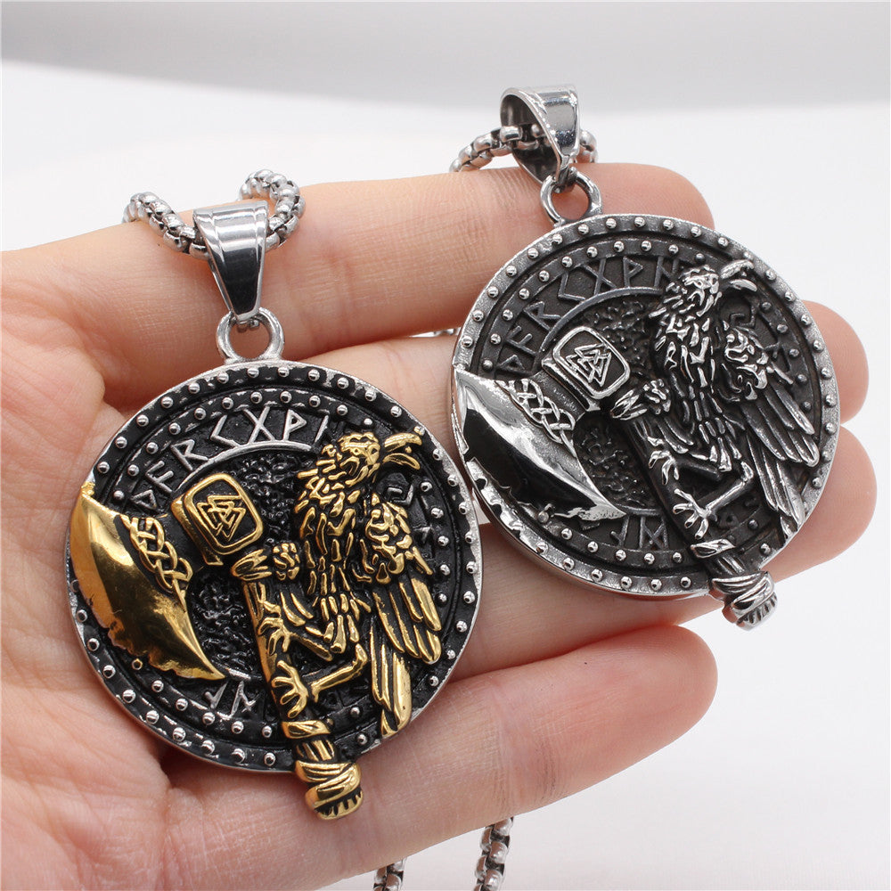 Planderful Viking Rune Pendant Titanium Steel Crow Axe For Men Unisex Protection Charm