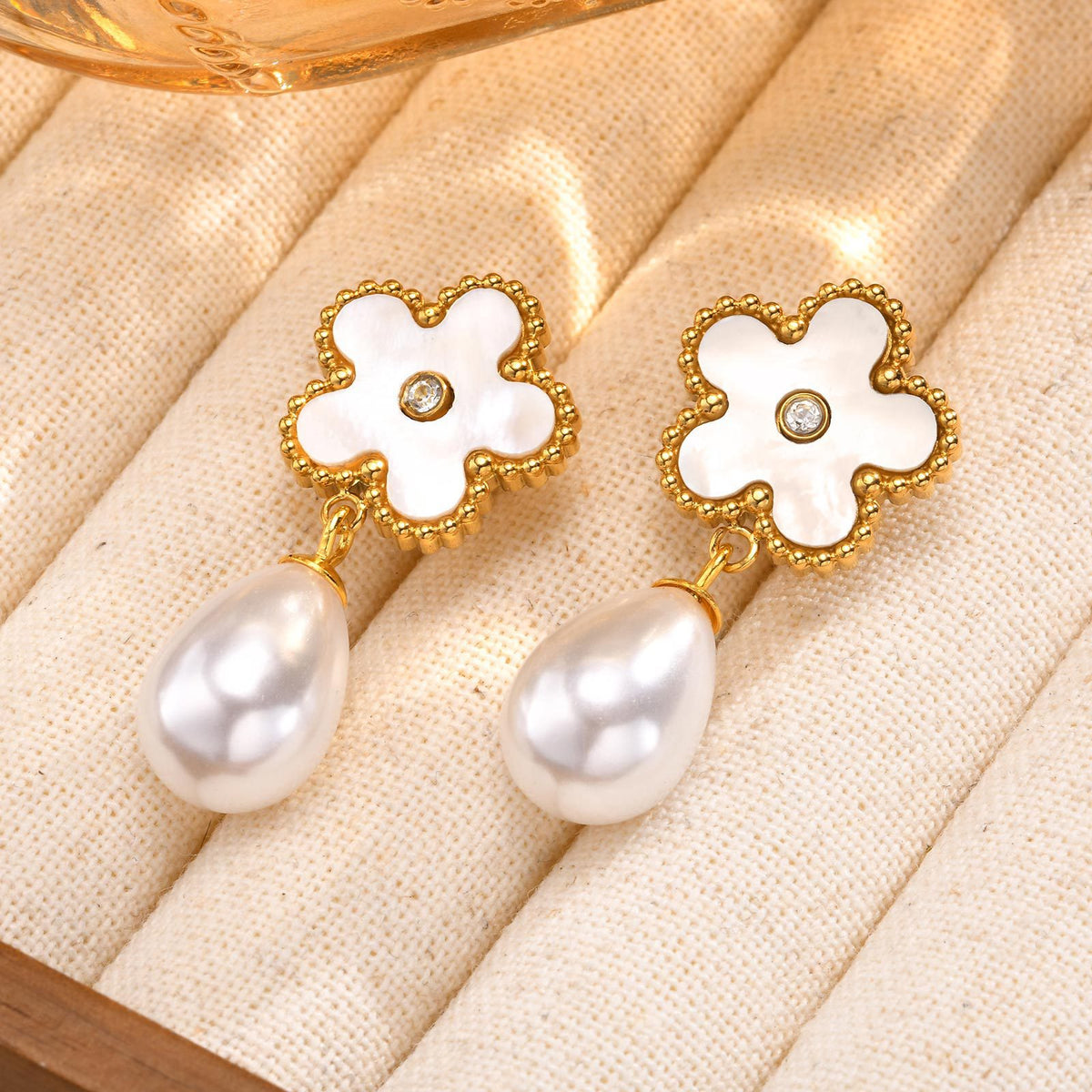 Stainless Steel Zircon Pearl Floral Earrings