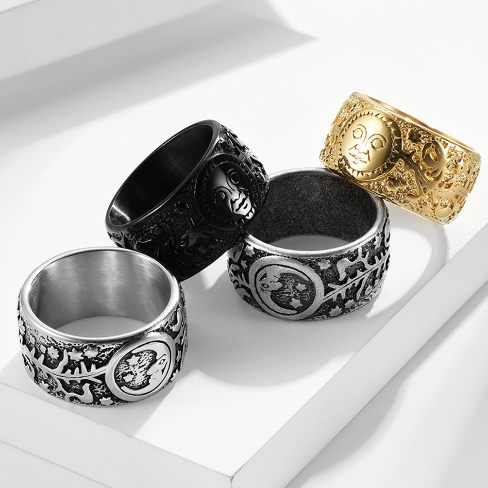 Planderful Titanium Steel Ring Retro Punk Sun Moon Design Mens Fashion Jewelry Bold Statement