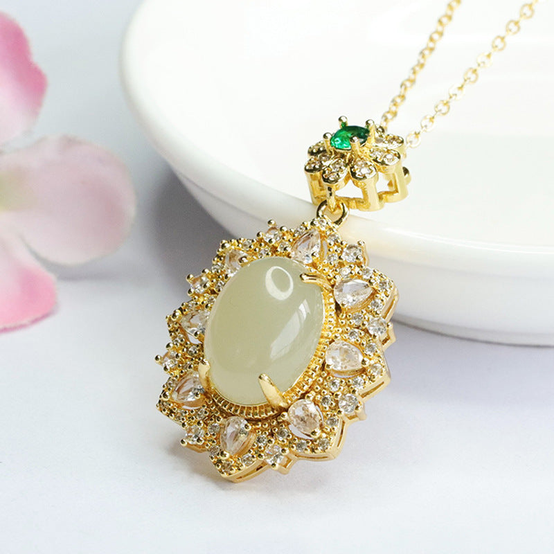Hetian Jade Zircon Flower Pendant Jewelry Oval Pendant