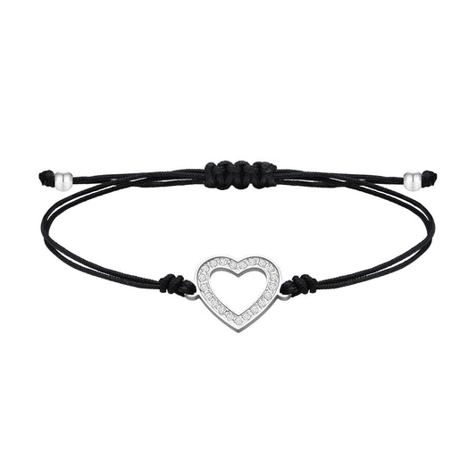 Stainless Steel Zircon Heart Black Braided Adjustable Mother & Daughter Two-Piece Hand Bracelet