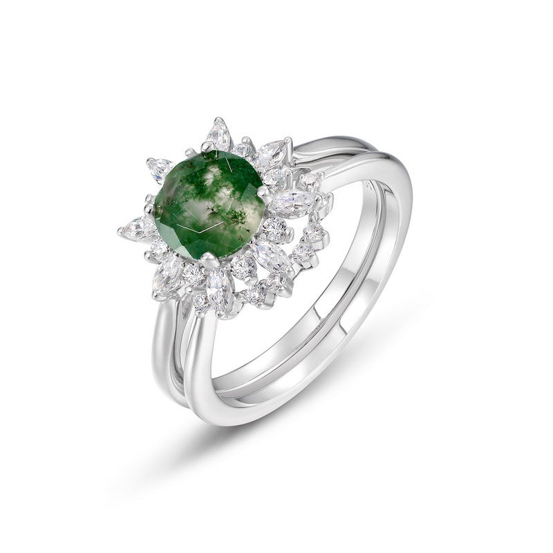 S925 Sterling Silver Moss Agate Sunflower Ring