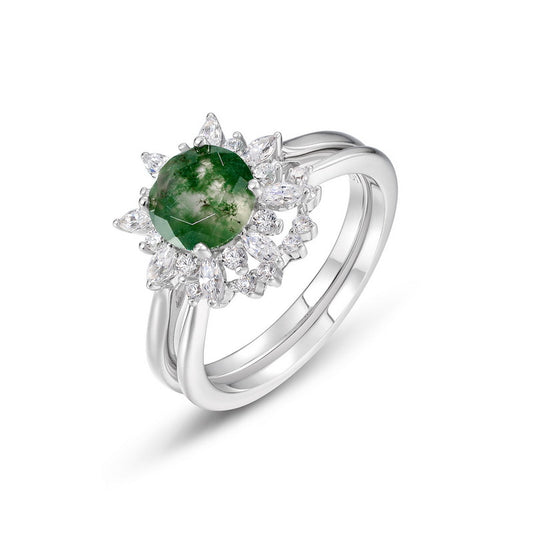 S925 Sterling Silver Moss Agate Sunflower Ring