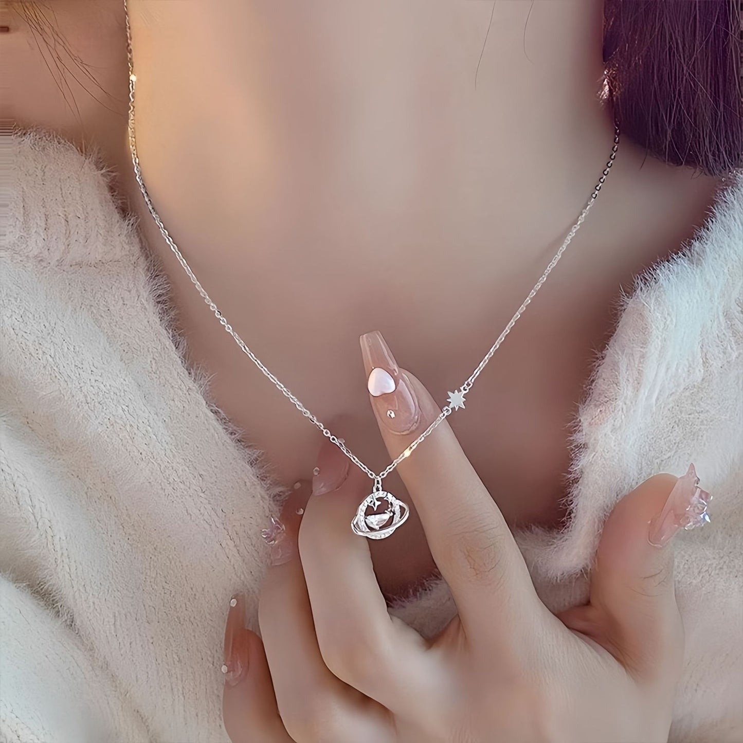 Planderful Sterling Silver Galaxy Necklace For Women Elegant Light Luxury Collarbone Chain Valentines Day Gift