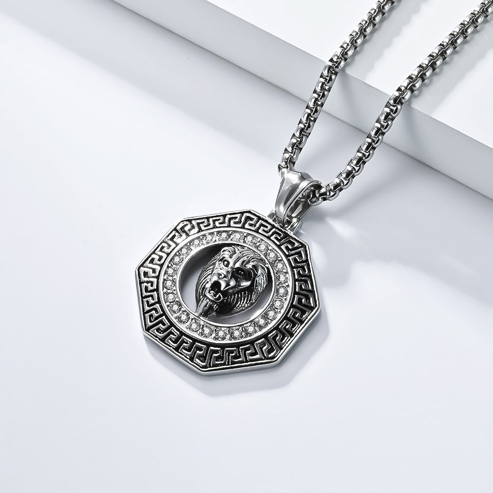Steel Necklace – Statement Hip Hop Lion Head Zircon Inlay Pendant For Bold Everyday Style