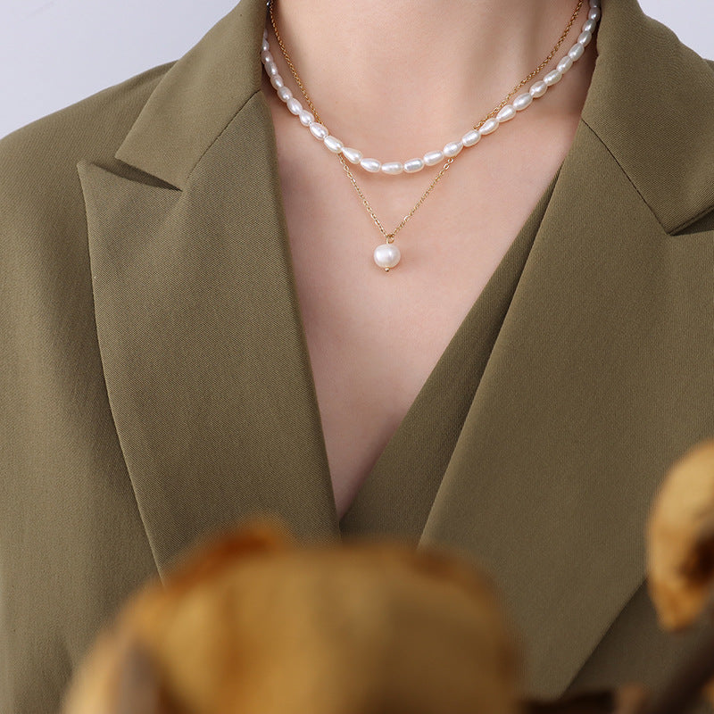 Elegant Titanium Clavicle Chain Necklace with Freshwater Pearls