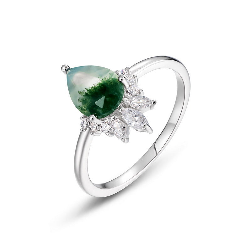 S925 Sterling Silver Moss Agate Teardrop Ring