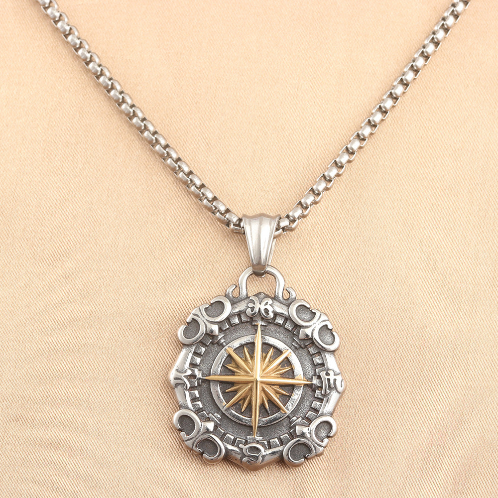 European And American Stainless Steel Compass Pendant Necklace