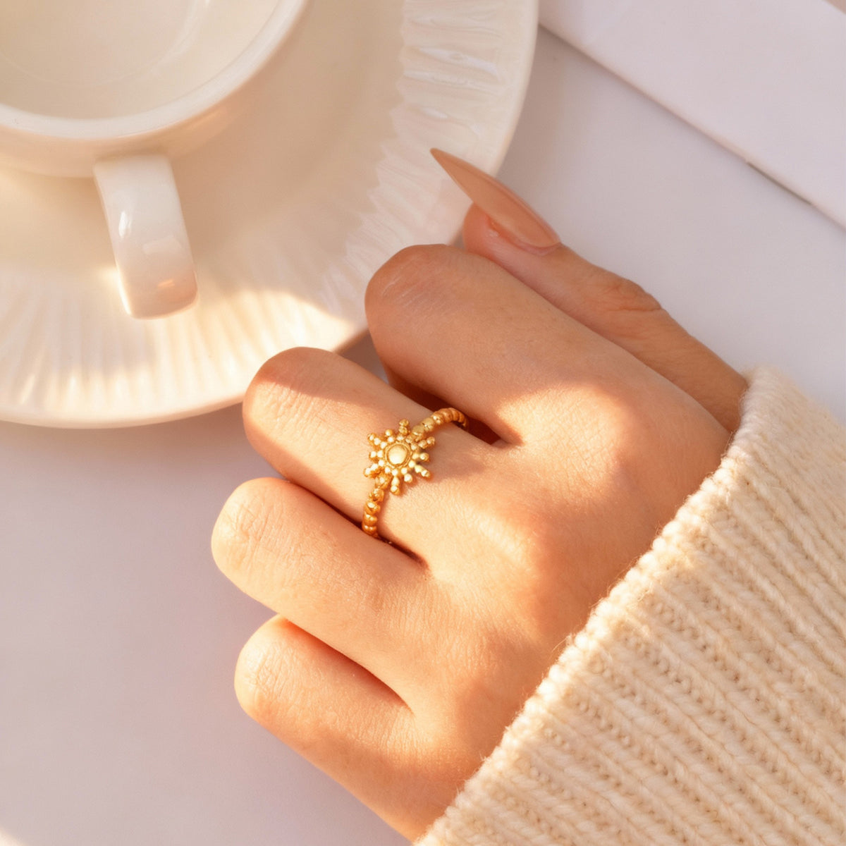 Opening Stainless Steel Flower Sun Ring Wings Women's Ring
