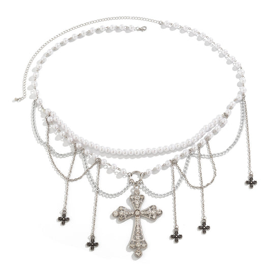 Europe and America Cross Border Jewelry: Stylish Cross Tassel Body Chain with Double-layer Full Diamond Waist Chain for Women