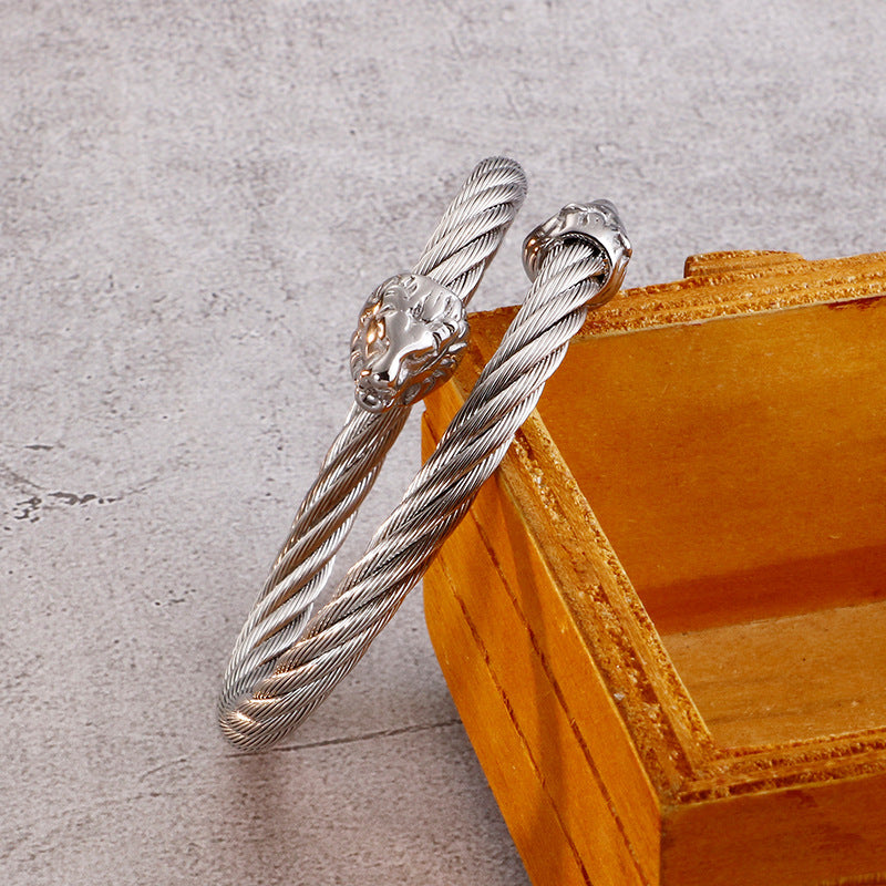 Stainless Steel Braided Wire Wolf Head Open Bracelet Men's Titanium Steel Bracelet