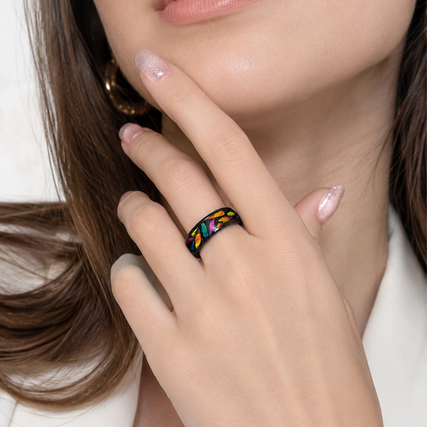 Rainbow Feather Patch Stainless Steel Ring By Planderful Everyday Genie Unisex Statement Jewelry For Bold Fashion Lovers