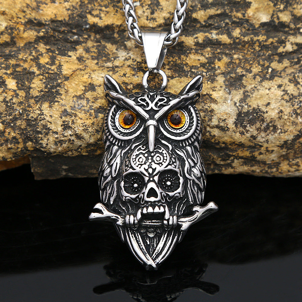 Retro Owl Skull Stainless Steel Pendant Necklace for Men