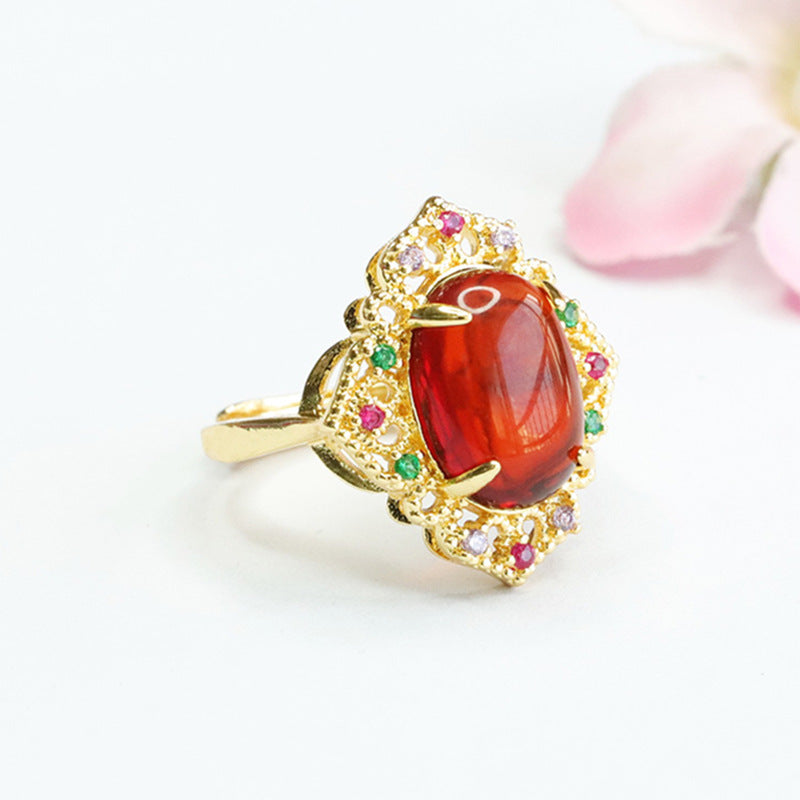 Ethnic Style Sterling Silver Ring with Beeswax Amber