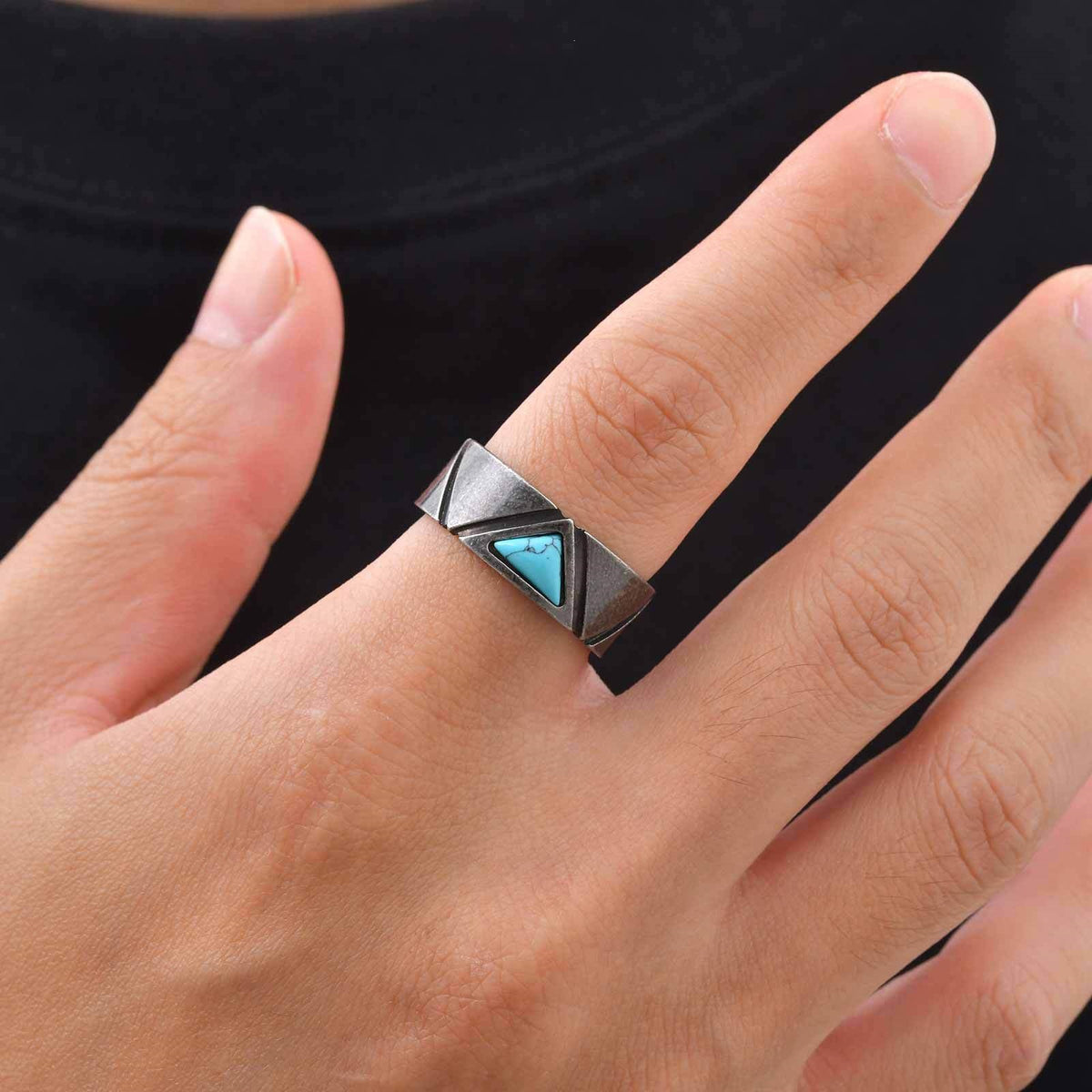 Stainless Steel Triangular Turquoise Ring Cool Man Gray