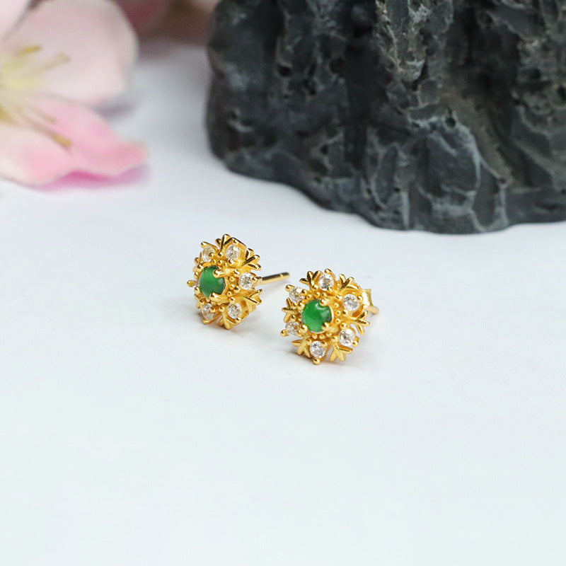 Icy Green Jadeite Snowflake 925 Silver Stud Earrings