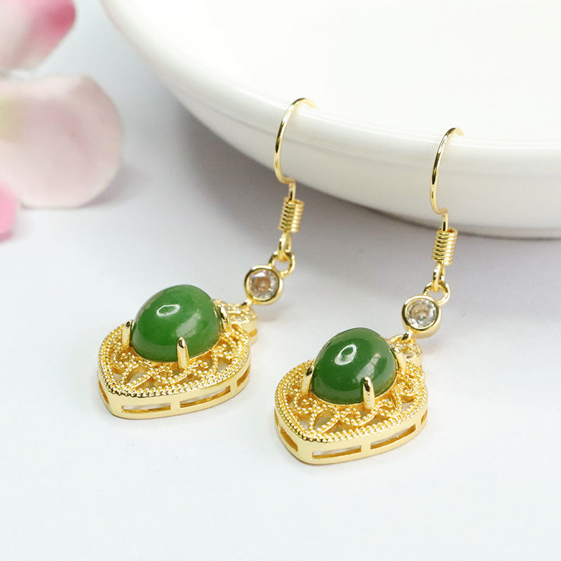 Green Jade Love Earrings with Sterling Silver Hooks