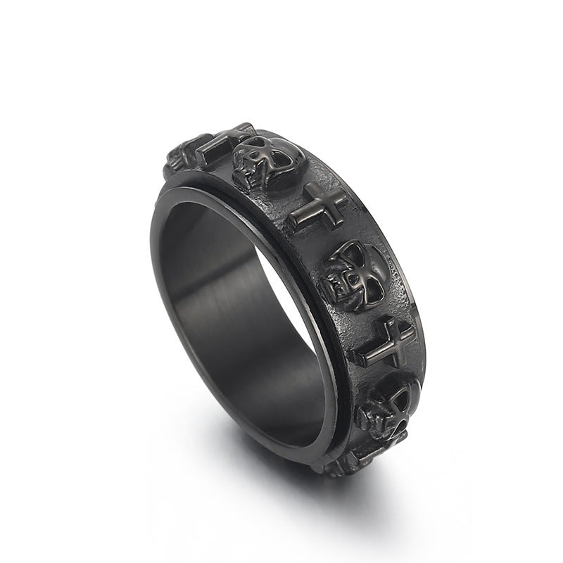 Trendy Rotatable Skull Ring for Men - Retro Cross Design in Titanium Steel