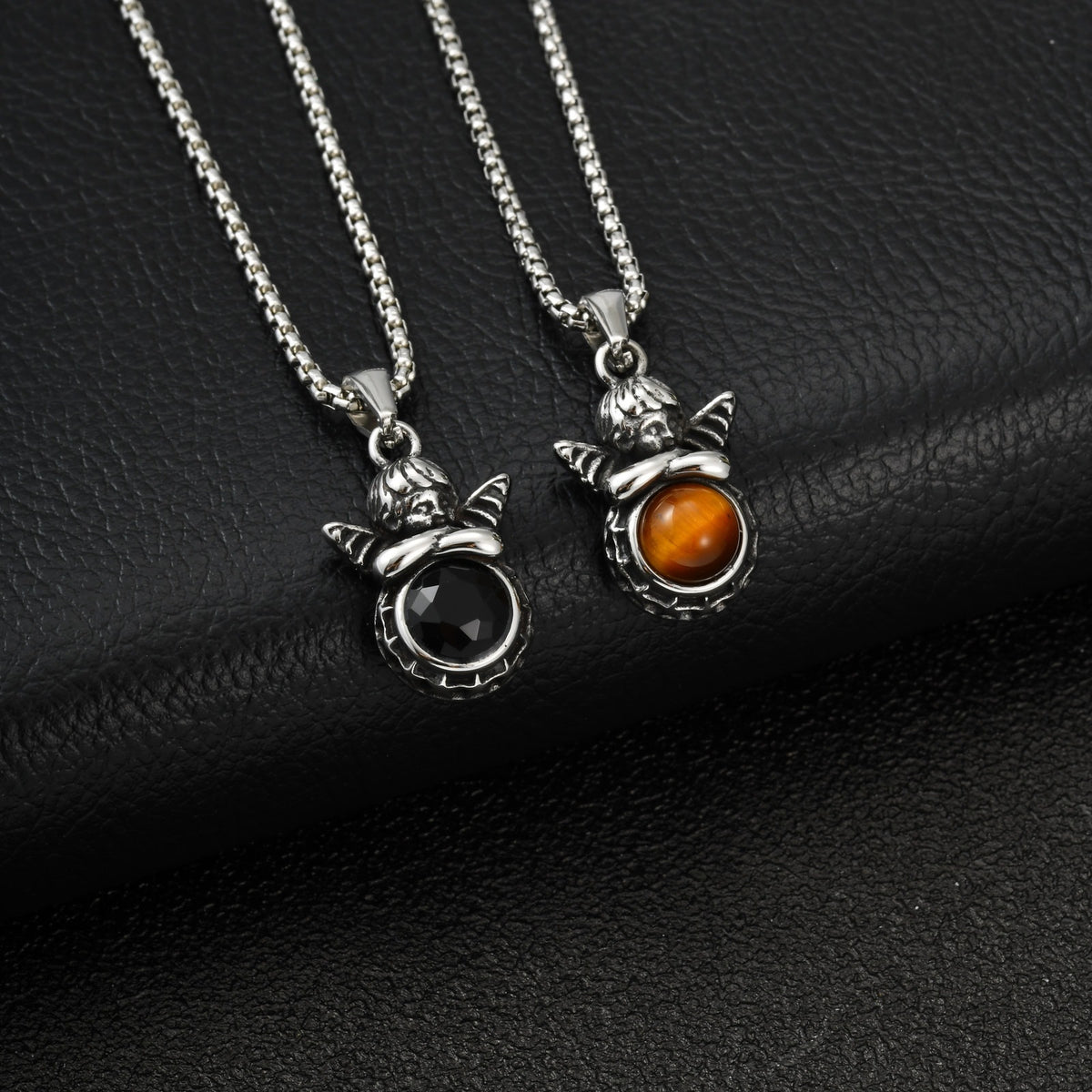 Europe & The United States Stainless Steel Angel Tiger's Eye Stone Women's Hip-Hop Necklace