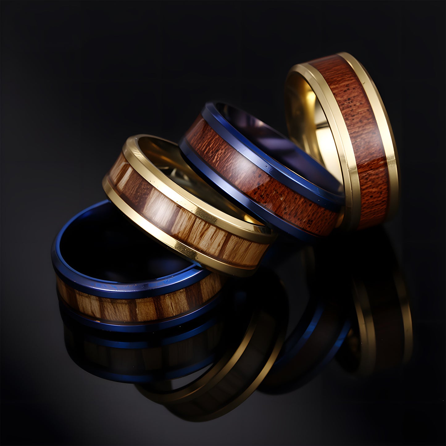 Planderful Everyday Genie Teak Inlaid Titanium Steel Couple Ring Unisex Durable Wedding Band