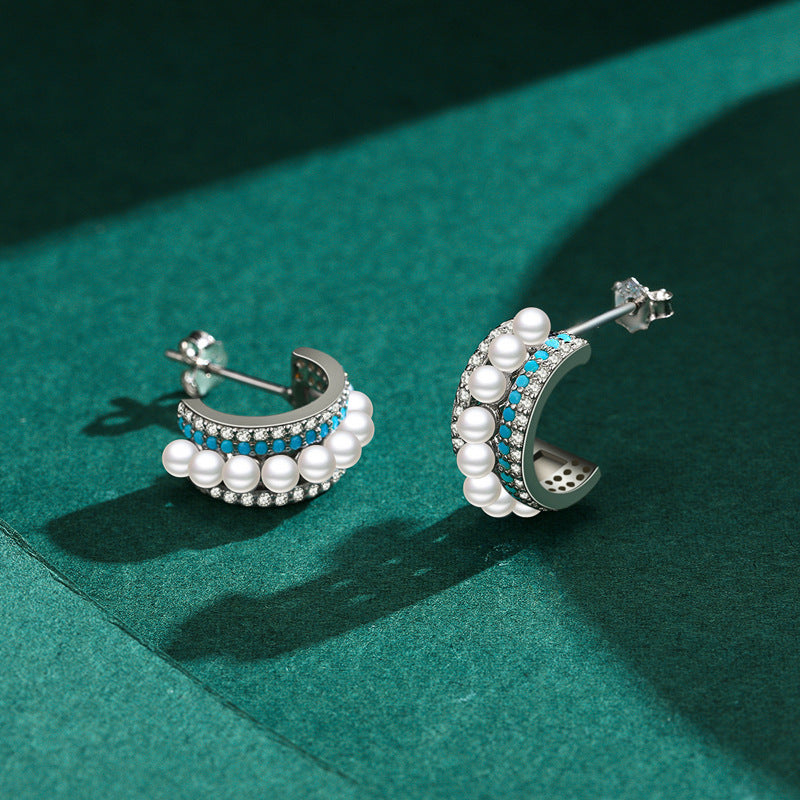 Luxurious Sterling Silver Earrings with Zircon, Turquoise, and Pearl Embellishments