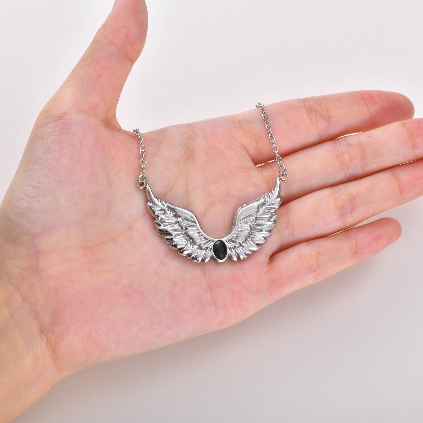 Style Men's Stainless Steel Black Zirconium Feather Wing Necklace Punk Stacked